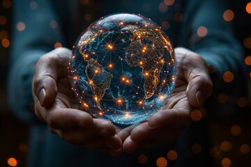 Fototapeta premium A conceptual image of hands cradling a luminous globe with golden network connection lines symbolizing global connectivity