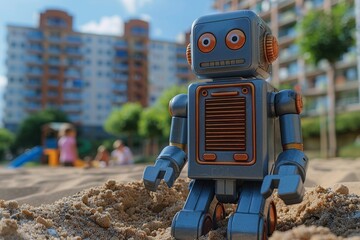 The scene depicts a vintage robot toy sitting in a sandbox, with high-rise buildings as the background