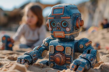 An old, weathered toy robot with intricate details sits in the sand, child barely visible behind