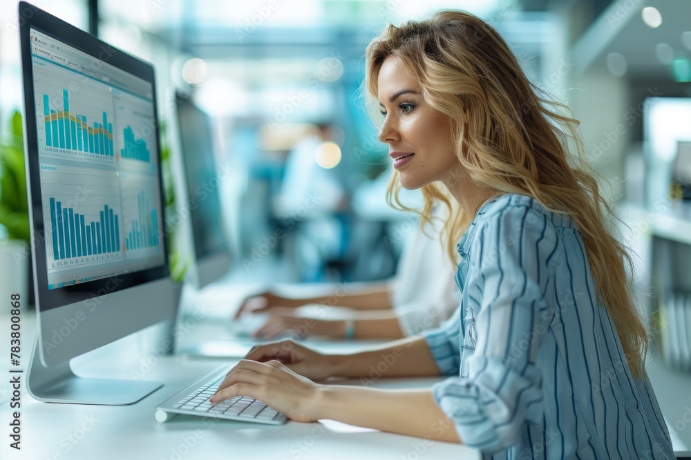 Poster a professional setting with a businesswoman working diligently on a computer with charts on the scre