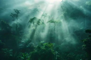 Fotobehang Verdant Tropical Rainforest Canopy Bathes in Mystical Sunlight Beams,Showcasing Nature's Vital Role in Mitigating Climate Change © Jirapron