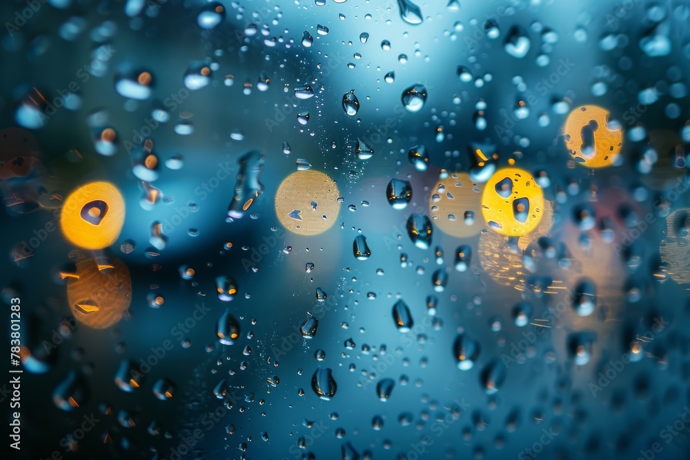 Poster perfectly captured raindrops on a window with a bokeh effect of city lights, conveying impression of