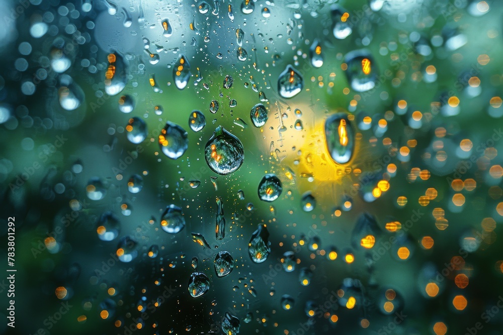 Poster close up view of raindrops on a window pane, focusing on water beads with colorful bokeh of lights i