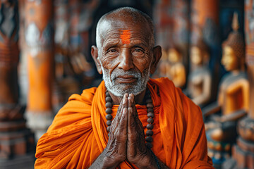 A smiling Buddhist monk folds his hands in prayer while standing at the entrance to the temple.