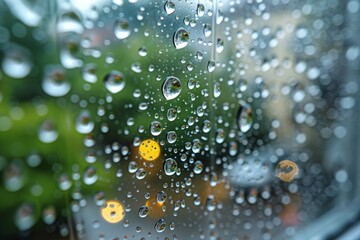 Close-up of raindrops on a windowpane against vibrant, colorful street lights creating an urban rainy atmosphere - obrazy, fototapety, plakaty