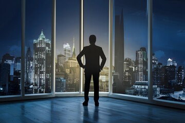 Businessman in modern office looking at night cityscape