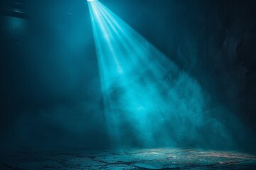 A surreal image portraying a vibrant blue light beam piercing through a smoke-filled dark atmosphere