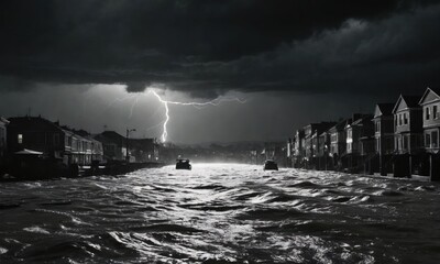 Flood disaster - dramatic environment landscaped image. Nature power concept. Climate change. Weather illustration. Dramatic cloudscape. Cinematics light.