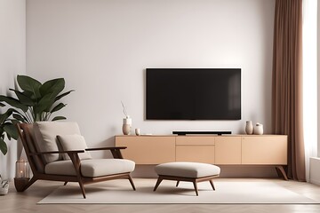 Mockup of a TV wall mounted with an armchair in the living room with a white wall design. 