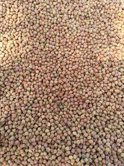 Organic Black Chickpeas (Cicer arietinum) or Kala Chana in a wooden scoop, isolated on a white background. Top view