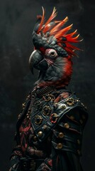 Conceptual artwork of a parrot with a striking headdress posing as a regal commander