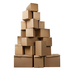 Big pile of different-sized closed cardboard boxes in random order. Isolated cutout object with no shadow on transparent background. 