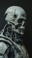 Detailed view of a futuristic robot with human skull features on a dark background