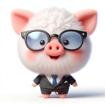 a cute Pig wearing suit and cool fashion eyeglasses , funny, happy, smile, white background