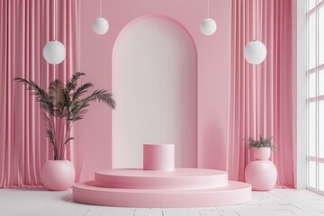 A modern, minimalist room with pink walls and decor. White globe lights hang from the ceiling, illuminating a round platform and potted plants.