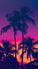 Fototapeta na wymiar Vibrant silhouette of palm trees against a colorful tropical sunset sky