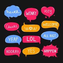 Set of speech bubbles and talks clouds with phrases. Vector illustration. Chatting and messages. Quotes and slang. Trendy comic style. Conversation with words. 