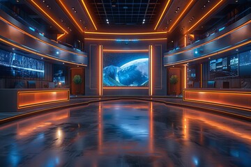 The interior of a futuristic control room with large screens showing outer space creates a sense of advanced technology