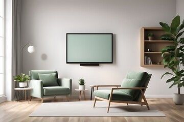 Mockup of a TV wall mounted with an armchair in the living room with a white wall design. 