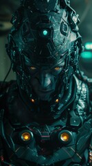 Fototapeta premium Futuristic cyborg with glowing eyes in dark ambiance