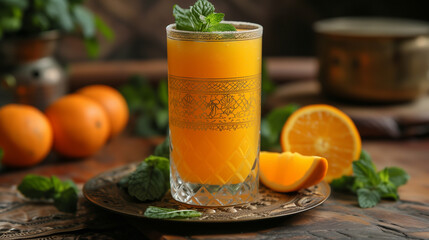 Orange fruit and glass of juice on brown wooden background, fresh summer drink.