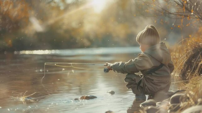 a small child is fishing and sitting on a rock by the river . seamless looping time-lapse virtual 4k video Animation Background.
