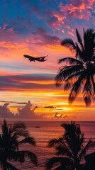 Tropical sunset with airplane silhouette
