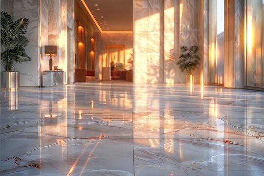 This sumptuous image captures a grand hotel lobby boasting reflective marble floors and warm ambient lighting