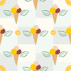 ice cream background, seamless pattern of ice cream scoops in a cone, texture of ice cream in yellow, red pink and green leaves, simple design, ice cream with natural ingredients, ice cream logo	