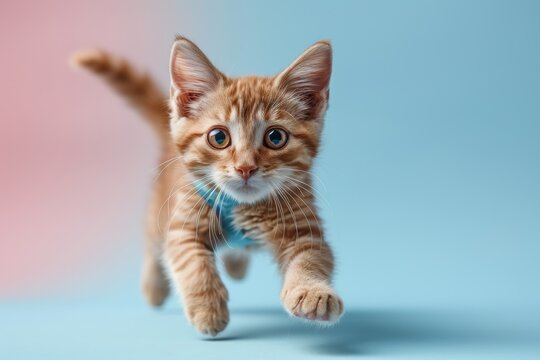 An inquisitive orange tabby kitten walks towards the camera on a soft blue background with a small collar