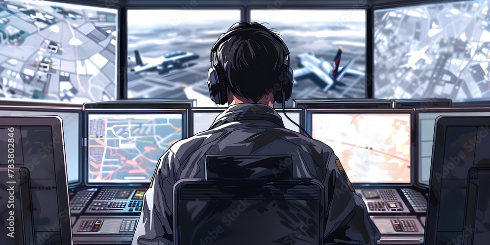 Poster remote operator overseeing unmanned aerial vehicles in futuristic control center with advanced monit