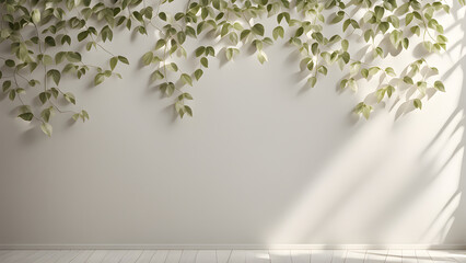 A refreshing image of leaves on an ivory wall, sunlight and leaf shadows.