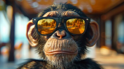 Cool chimpanzee poses in sunglasses reflecting a sunset, showcasing personality and humor