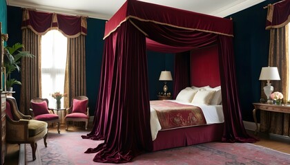 A-Canopy-Bed-Draped-In-Rich-Velvet-Curtains- 2