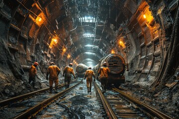 Detailed image of a group of miners with helmets walking in a dimly lit underground mining tunnel