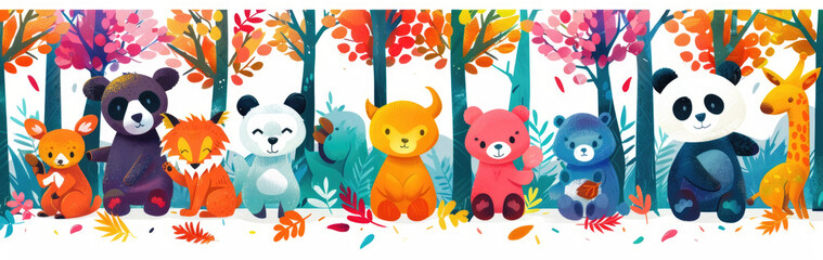 Obraz na płótnie Canvas Several bears are standing upright in a dense forest setting, surrounded by tall trees and foliage