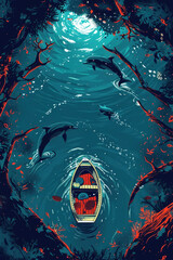 A canoe carrying supplies floats under a moonlit sky, surrounded by dolphins leaping in a serene, forest-lined waterway
