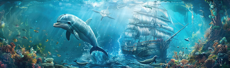 Dolphins glide past a coral-encrusted shipwreck teeming with marine life in the serene depths of the ocean