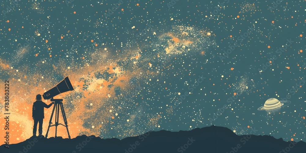 Poster astrophysicist exploring enigmatic cosmic patterns through distant telescope in search of universal 