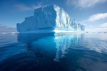 An imposing iceberg basking under the Arctic sun, showcasing its textured surface and ethereal glow