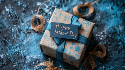 Father's Day Gift with Blue Ribbon on Textured Background