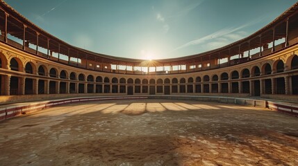 Panoramic view of an empty bullring with the sun setting gracefully in the background - obrazy, fototapety, plakaty