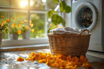 A laundry basket filled with towels sits on a tiled floor, surrounded by vibrant orange petals in a sunlit room Comfort meets routine - Powered by Adobe