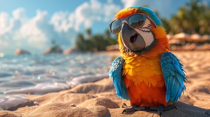 Colorful parrot wearing sunglasses on tropical beach