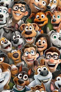 A lively assembly of cartoon dogs and human characters, displaying various expressions of happiness and companionship