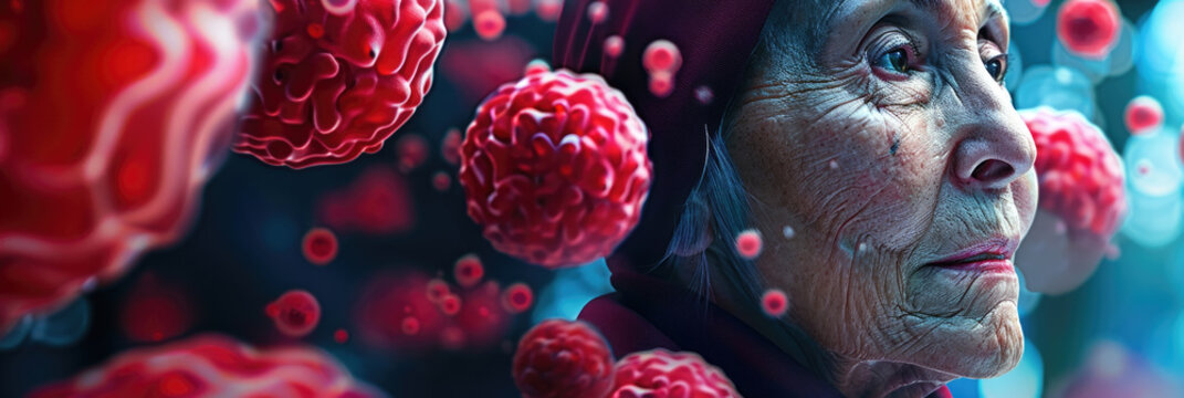 A serene elder lady gazes into the distance, surrounded by vivid red, berry-like spheres creating an abstract scene
