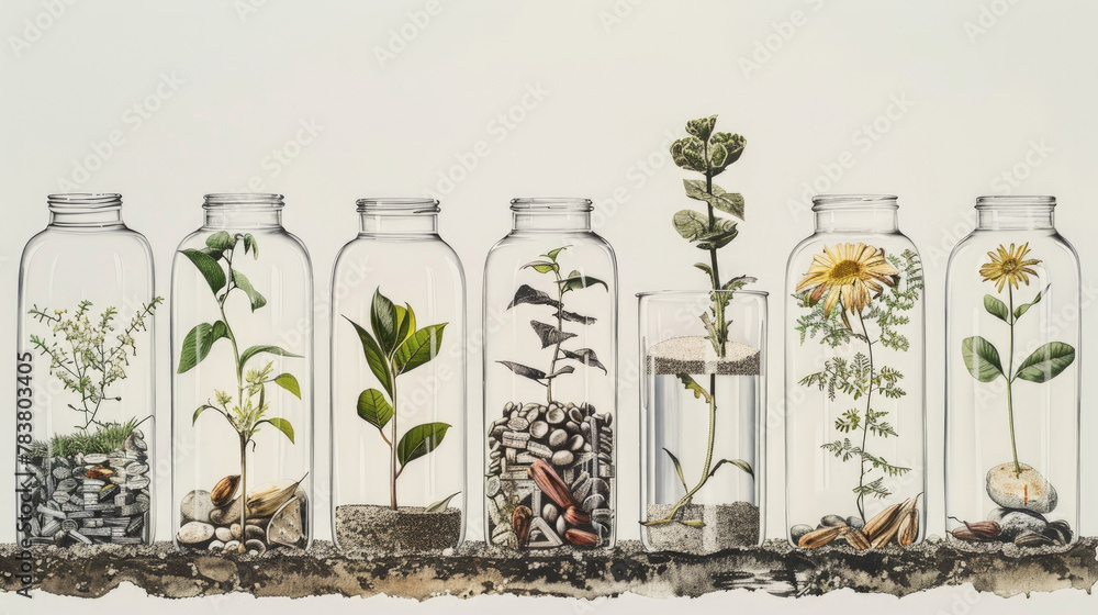 Poster a row of clear glass jars filled with various green plants, displayed neatly in a line. each jar con