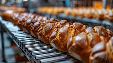 Freshly baked bread loaves on conveyor belt