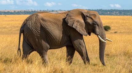   An elephant stands in a field of tall grass, its trunk raised high