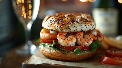   A sandwich featuring shrimp, tomatoes, and lettuce on a bun In the backdrop, a glass of wine - obrazy, fototapety, plakaty